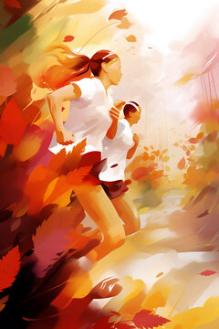 Compétition de course à pied sur un chemin de forêt - illustration de fond d'affiche de marathon, de running et de trail - style peinture numérique - Generative Ai