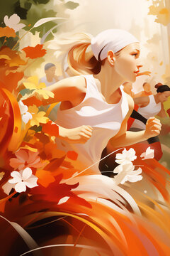 Compétition de course à pied sur un chemin de forêt - illustration de fond d'affiche de marathon, de running et de trail - style peinture numérique - Generative Ai