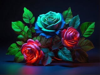 Glowing red and blue rose flowers on a black background, a close-up of a rose, Blue light gives perfect shine to the rose