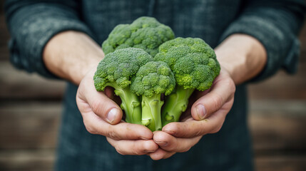 Naklejka na ściany i meble Fresh Organic Broccoli in Hands on Wooden Background - Healthy Eating Concept for Farm-to-Table Cuisine, Culinary Wellness, and Nutrient-Rich Homegrown Ingredients.