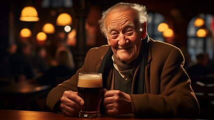 an older man sitting at a table with a pint of beer