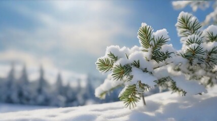 Beautiful evergreen fir tree branches covered with soft fluffy snow, close up at winter sunlight. Picturesque frozen landscape in coniferous forest. Idyllic untouched nature concept. Beautiful winter  - obrazy, fototapety, plakaty