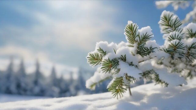 Beautiful evergreen fir tree branches covered with soft fluffy snow, close up at winter sunlight. Picturesque frozen landscape in coniferous forest. Idyllic untouched nature concept. Beautiful winter 