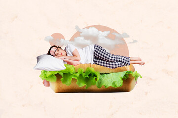 Collage picture of mini girl sleep huge sandwich hot dog comfy pillow clouds sky isolated on...