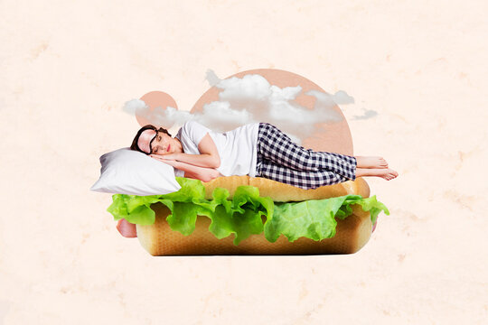 Collage picture of mini girl sleep huge sandwich hot dog comfy pillow clouds sky isolated on painted beige background
