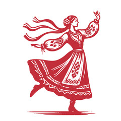 Portrait of a beautiful Ukrainian dancing woman. Engraving red illustration. Woodcut
