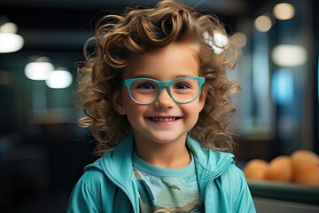 A happy and beautiful child with glasses. Elementary school, Education, generative AI