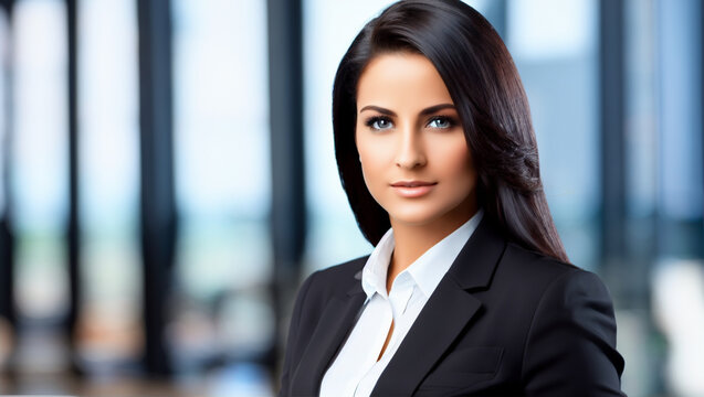 Beautiful brunette and elegant executive woman in a suit at work.