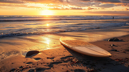 Surfing Sunset:  A surfboard on a sandy beach with the sun setting on the horizon, inviting surfers to ride the evening waves