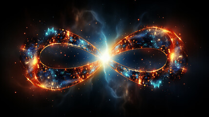 glowing multicolored infinity symbol galaxy black cosmos, singularity sign isolated on background