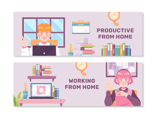Teleworking illustration horizontal banner template set with characters