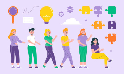 Fototapeta premium Hand drawn business teamwork original elements collection with characters and business concept