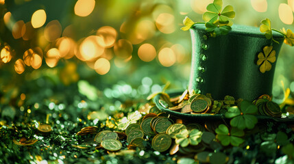 St Patricks day with treasure of leprechaun, green top hat with golden coins and shamrocks - obrazy, fototapety, plakaty