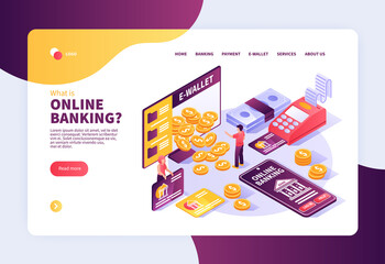 Fototapeta premium Isometric Mobile and digital banking services landing page template