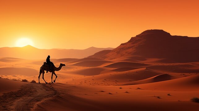  a man riding a camel across a desert under a bright orange sky with a mountain range in the back ground.