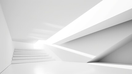  a white room with a set of stairs leading up to the top of the room and a bright light coming from the ceiling.