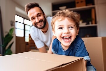 happy father and son unpacking cardboard box at new home, relocation concept - obrazy, fototapety, plakaty