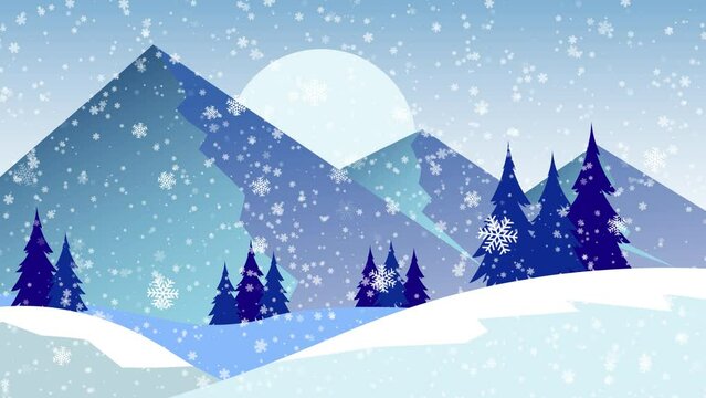 winter landscape with trees and snow,Winter background with snowflakes falling animation with forest background