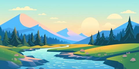 Animated Valley with River Background with Empty Copy Space for Text - Valley with River Landscape Backdrop - Flat Vector Valley Graphic Illustration Wallpaper created with Generative AI Technology - obrazy, fototapety, plakaty