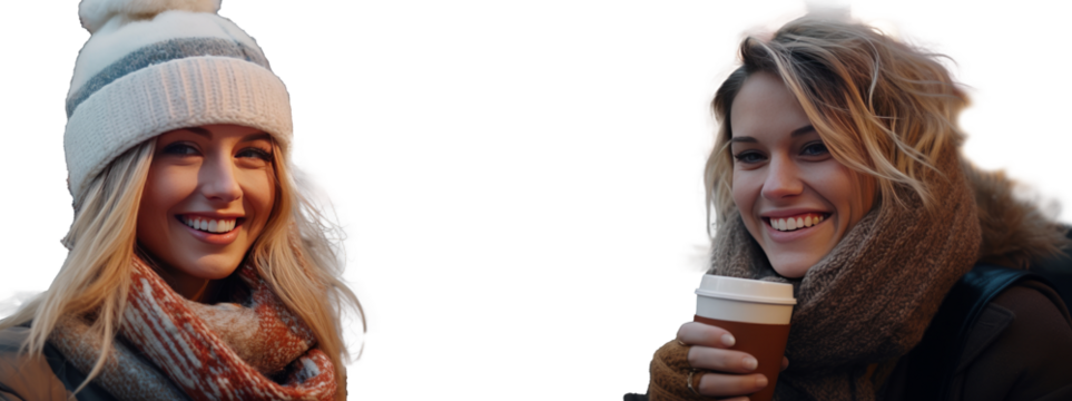 smiling young women on the street in winter taking a takeaway - Powered by Adobe