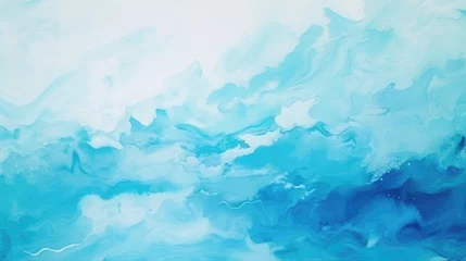 Fotobehang Cyan blue ocean wave with white bubbles effect. Color gradient paint splash design. acrylic ink water. Sea foam. Smeared streak abstract pattern. Marble texture art background © Eyepain