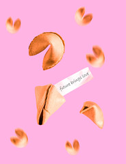 Fortune cookies with text future brings love fly on pink background. Minimal art Valentine's day card.