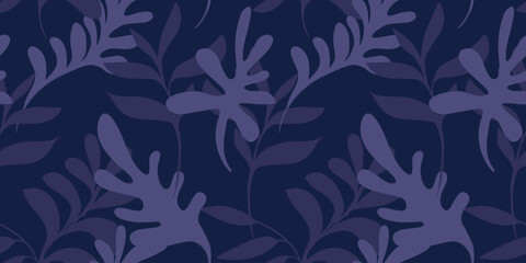 Monotone dark blue pattern with shape organic botanical branches leaves. Vector hand drawn sketch. Simple abstract background leaf floral printing. Design for fashion, fabric, wallpaper.