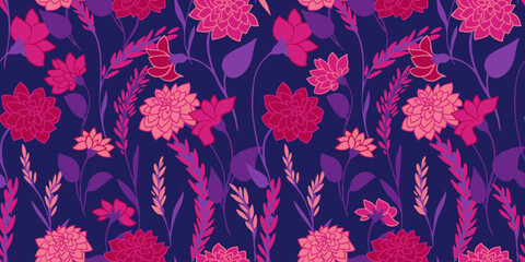 Seamless graphic branches, leaves and ditsy flowers, buds pattern. Vector hand drawn. Abstract creative floral background. Bright purple blooming field meadow. Design for fashion, fabric, wallpaper.