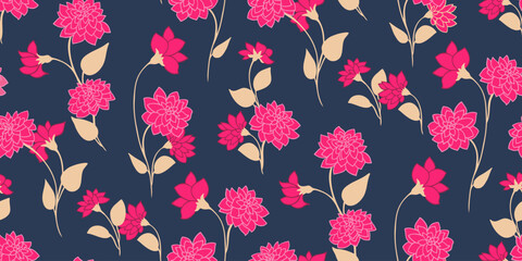 Abstract stylized branches flowers and buds with leaves seamless pattern. Vector hand drawn. Colorful simple floral printing on a dark background. Design for fashion, fabric, wallpaper.