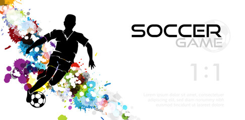 Soccer player in action, kicking ball for winning goal. Abstract vector illustration from rainbow paint splashes and black silhouettes.