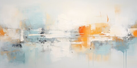 An abstract painting in turquoise, orange, and white, in the style of gray and amber, abstraction-création, faded memories, skillful, scattered composition
