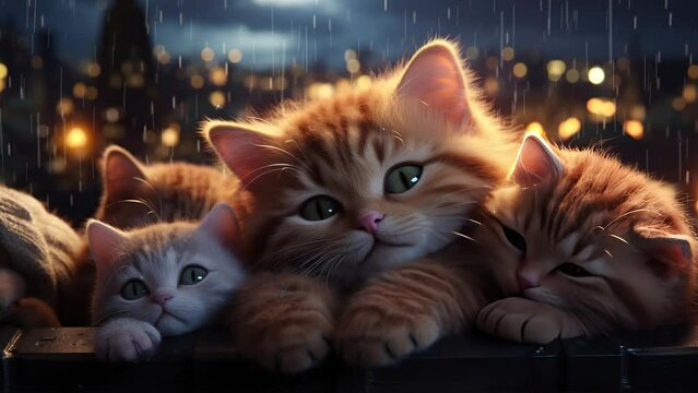 Lullabies Serenade A Cute Cat As It Seeks Shelter On A Wet Rooftop. 4K Ultra HD Animated Looping Video Background.