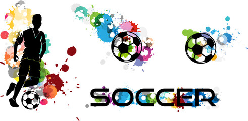 Soccer player in action, kicking ball for winning goal. Abstract vector illustration from rainbow paint splashes and black silhouettes.
