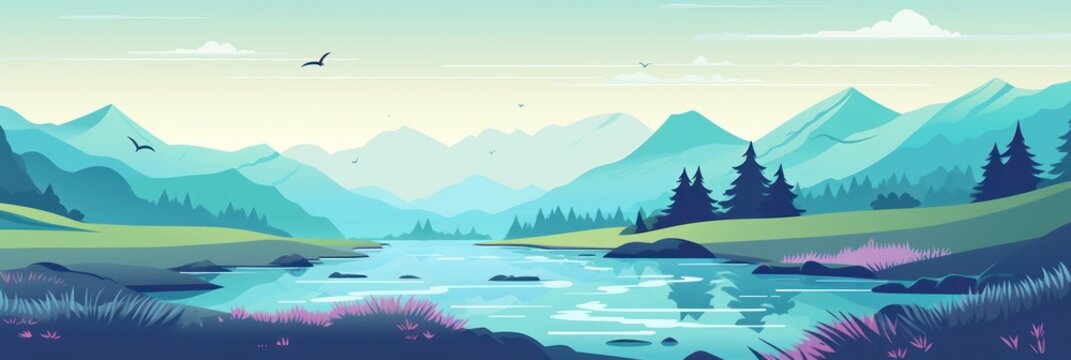 Animated Valley with River Background with Empty Copy Space for Text - Valley with River Landscape Backdrop - Flat Vector Valley Graphic Illustration Wallpaper created with Generative AI Technology © Sentoriak