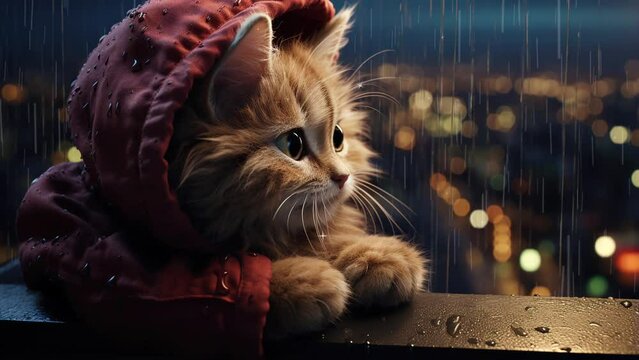 Cute Cat Lulled To Sleep Seeking Refuge On A Wet Rooftop. Best Loop Video Background For Lullabies. High-Quality 4K Animated Backgrounds.