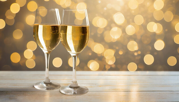 Two golden wine glass on a wooden table for a party, with golden bokeh