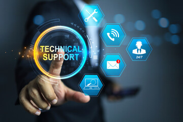 technical support concept with businessman pointing on customer service information icon or after sale service such as repair, newsletter e-mail, question and answer, on site services 24 hour in 7 day - obrazy, fototapety, plakaty