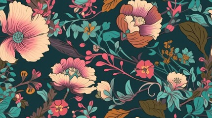  a floral wallpaper with pink and blue flowers on a dark blue background with green leaves and flowers on a dark blue background.
