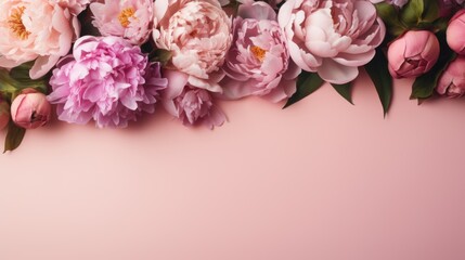  a bunch of pink peonies with green leaves on a pink background with space for a text or image.