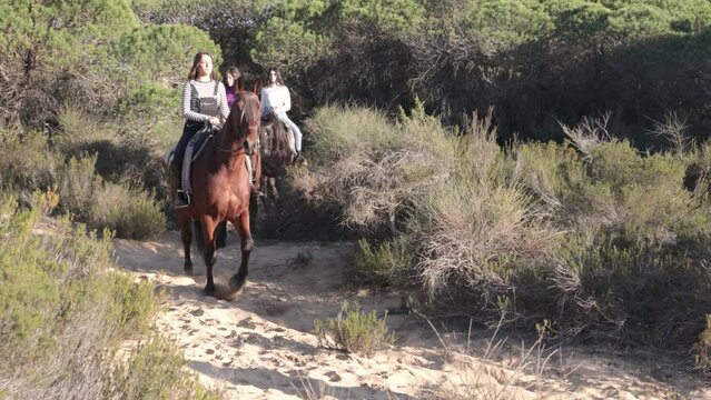 woman with baby and happy friends riding horses in the countryside