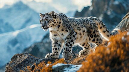 AI illustration of a snow leopard is trekking along the side of a steep, rocky hillside.