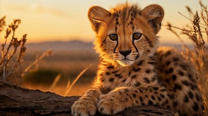 AI illustration of A young cheetah cub lounging atop a large rock. - obrazy, fototapety, plakaty