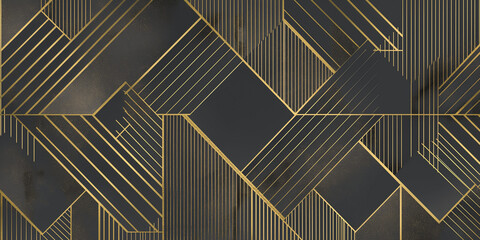 Abstrakte kunstvolle geometrische Teile in gold schwarz als Hintergrund Motiv Nahaufnahme Querformat für Banner, ai generativ - obrazy, fototapety, plakaty