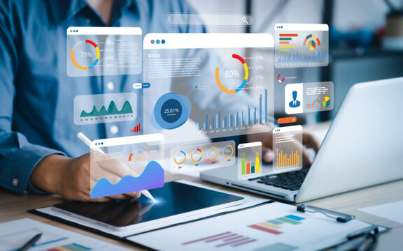 A data analyst utilizes a computer and a dashboard to conduct business data analysis and manages a Data Management System incorporating KPIs and metrics linked to the database. This process spans acro