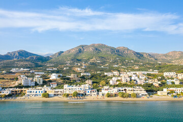 The paradise coast and the sandy beach at the foot of the mountains, in Europe, Greece, Crete,...