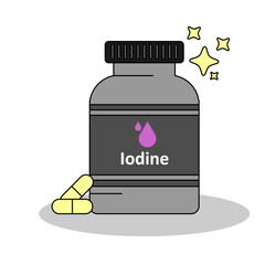 A bottle of Iodine supplement , capsule and pills for nutrition, flat design vector and illustration
