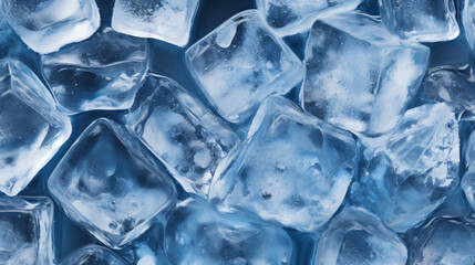 Crystal clear ice cubes background top view