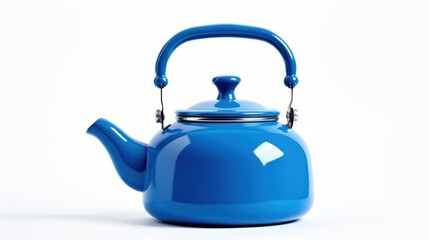 Obraz premium a blue tea kettle with a blue handle on a white background with a reflection of the teapot on the left side of the tea kettle.