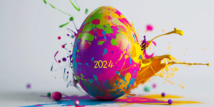 Bunte Ostereier mit 2024 bemalt einzigartig marmorisiert in gro&szlig;artigen Muster Nahaufnahme als Poster im Querformat f&uuml;r Banner, ai generativ 