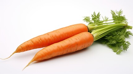  a couple of carrots sitting next to each other on top of a white surface with green leaves on top of them.